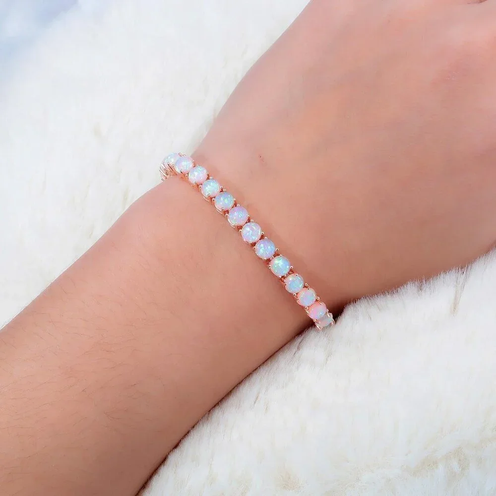 Women's Silver Plated Opal Tennis Adjustable Sterling Hook Clasp Bracelet